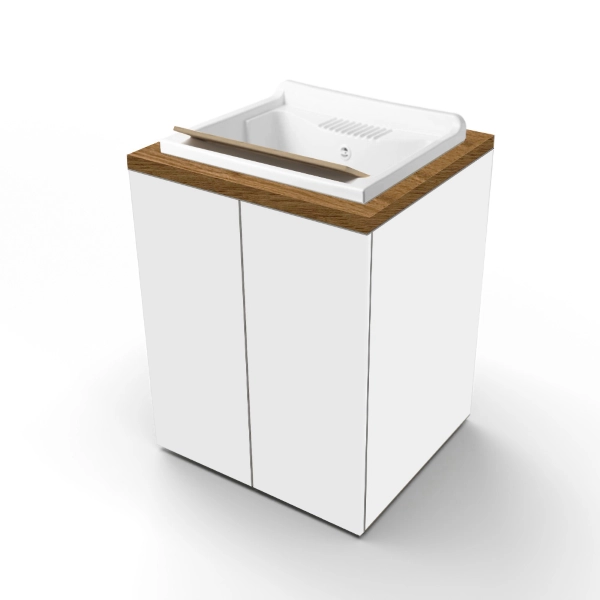 Meuble Lavoir en Bois à 2 Portes 71x65h cm avec Vasque en Résine – Blanc/Noyer