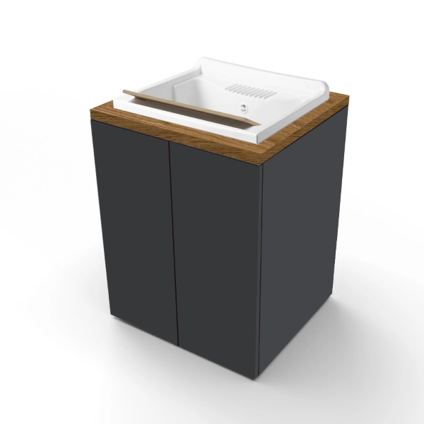 Meuble Lavoir en Bois à 2 Portes 71x65h cm avec Vasque en Résine – Graphite/Noyer