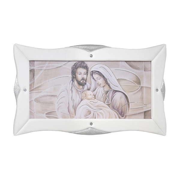 Cuadro moderno en lienzo 50x120 cm con marco de cuero blanco Sagrada Familia