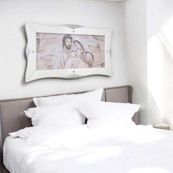 Cuadro moderno en lienzo 50x120 cm con marco de cuero blanco Sagrada Familia