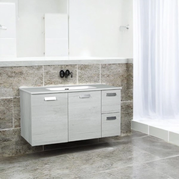 Moderner hängender Badezimmerschrank 101 cm Boden mit 2 Türen und 2 Schubladen mit Waschbecken aus weißer Eiche