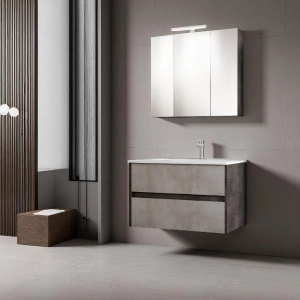 Mobile da bagno sospeso moderno con lavabo 81 cm a 2 cassettoni maniglie a gola, effetto cemento