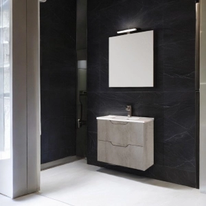 Meuble de salle de bain suspendu moderne et peu encombrant 62 cm avec 2 tiroirs et poignées rainurées effet béton