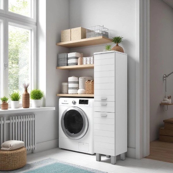 Einzel-Badsäule H154 mit 2 Türen 1 Schublade RIGO glänzend weiß