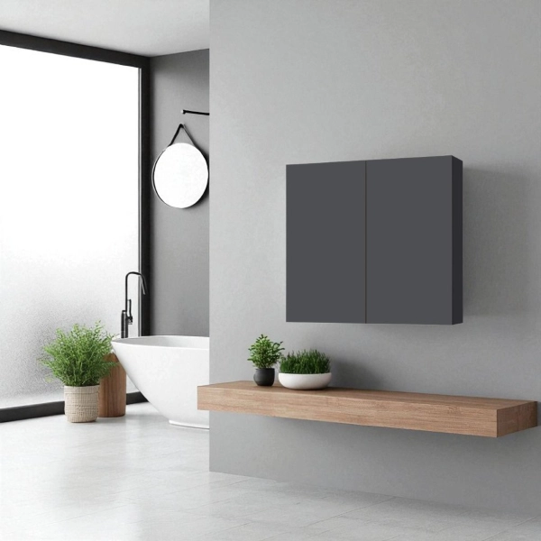 Étagère double en bois 70x71 cm avec étagères intérieures Graphite mat