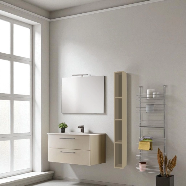 Meuble de salle de bain suspendu 102 cm avec vasque intégrée et miroir gris tourterelle mat - MAYA1