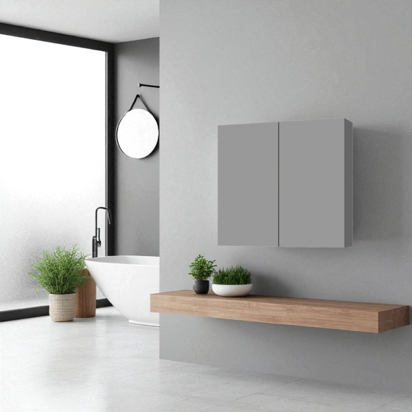 Étagère double en bois 70x71 cm avec étagères intérieures Gris mat