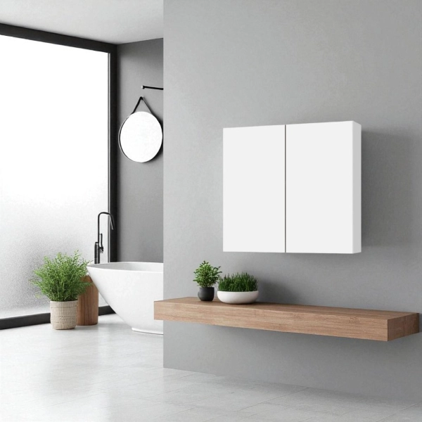 Étagère double en bois 70x71 cm avec étagères intérieures Blanc brillant