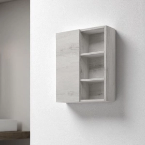 Mehrzweckwandelement 60x71 mit Tür aus weißer Eiche und offenen Fächern