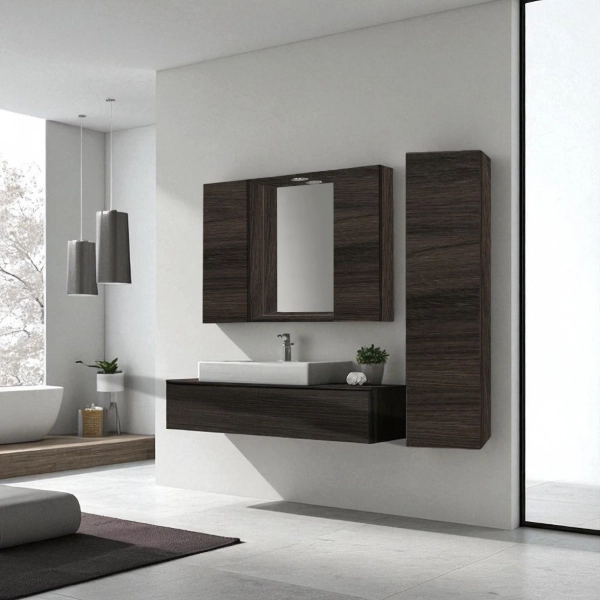 Espejo de baño de madera de 2 puertas 81 cm con foco LED de olmo café