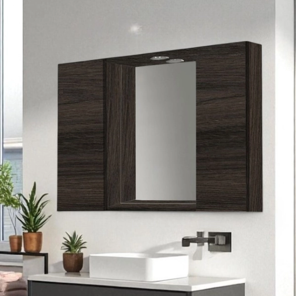 Espejo de baño de madera de 2 puertas 81 cm con foco LED de olmo café