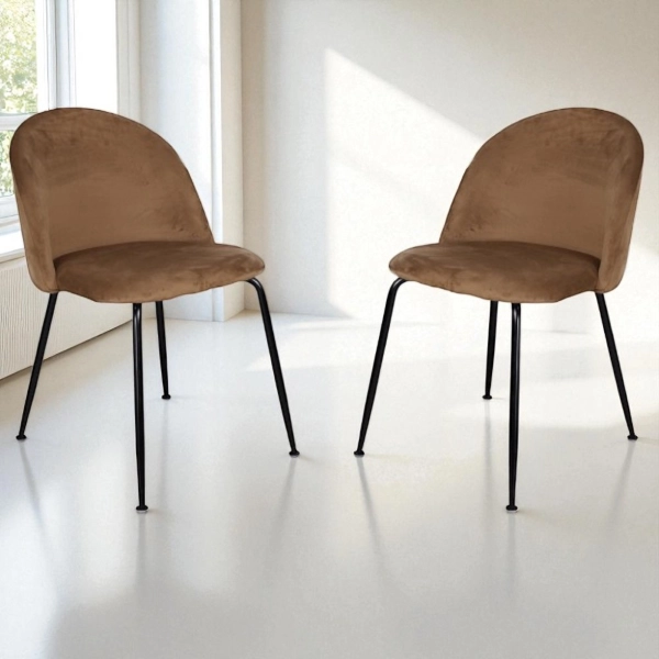 Chaise de salle à manger en velours marron pieds métal noir - PARIS 2 chaises