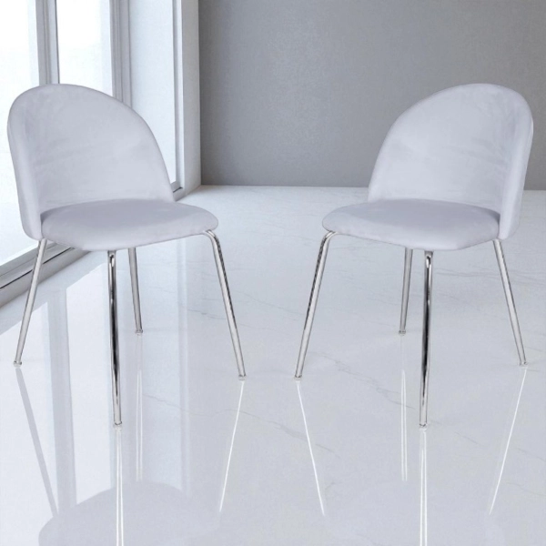 Chaise de salle à manger en velours Gris Perle pieds métal Chrome - PARIS 2 chaises