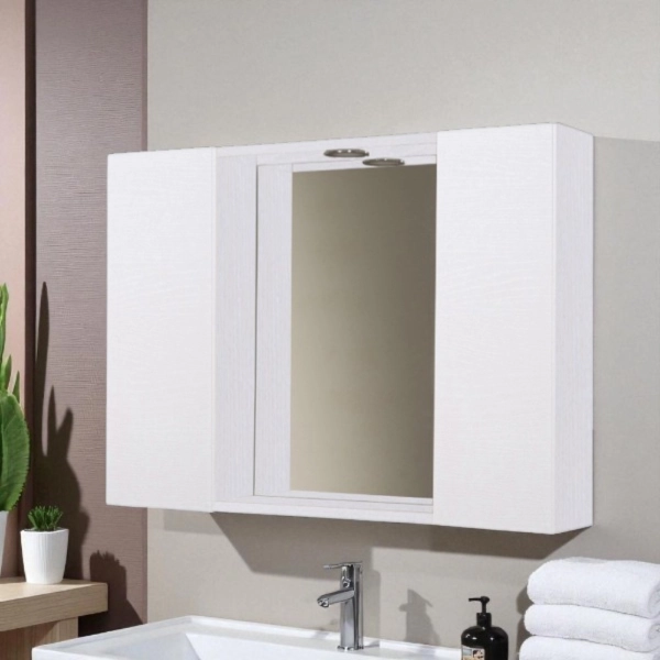 Specchiera bagno in legno 81 cm a 2 ante con faretto LED Bianco Frassino