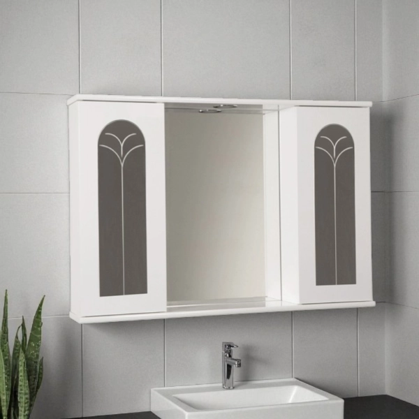 Specchiera bagno Bianco Lucido 92 cm a 2 ante palme con luce LED