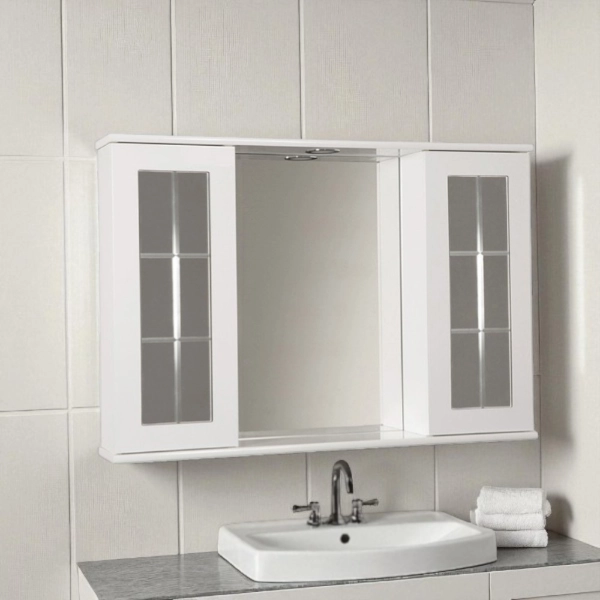 Miroir de salle de bain blanc brillant 92 cm avec 2 portes angulaires avec lumière LED