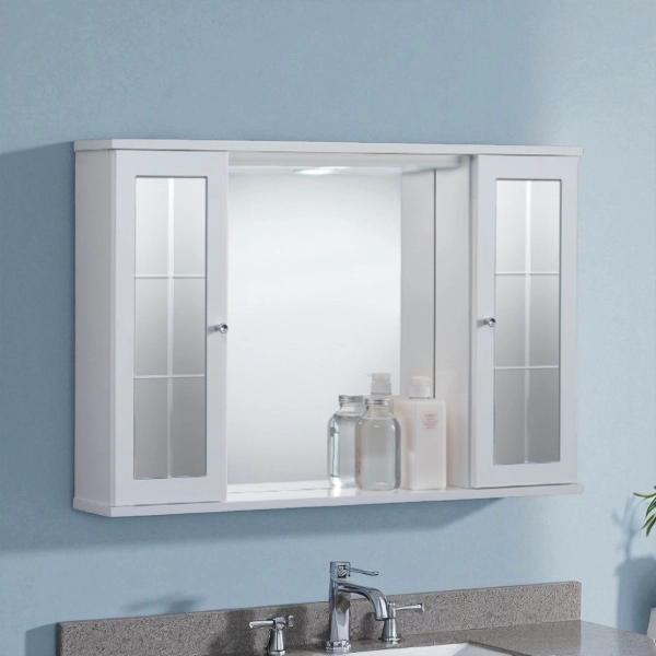 PLUTONE espejo de baño blanco brillo con 2 puertas con espejos y luz LED