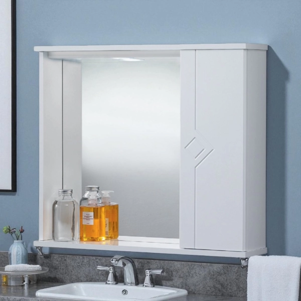 Espejo de baño blanco brillante NETTUNO de 1 puerta con luz LED