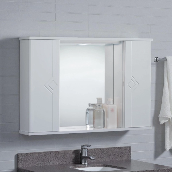 Miroir de salle de bain 2 portes blanc brillant PLUTONE avec éclairage LED