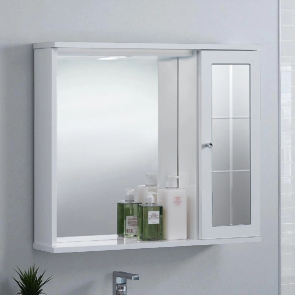 Espejo de baño blanco brillante NETTUNO con 1 puerta de espejo y luz LED