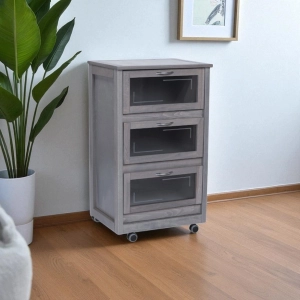Landhell Grey Cabinet Trolley with Glass Drop-Down Doors