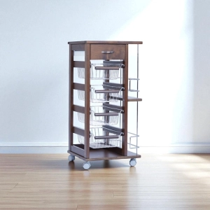 Space-saving trolley with fruit baskets and bottle holder Walnut