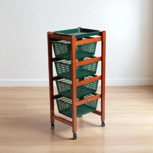 JOLLY fruit trolley with green plastic and cherry wood baskets.