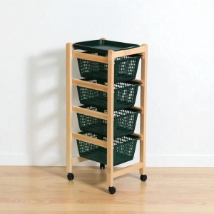 JOLLY fruit trolley with green plastic baskets and natural wood.