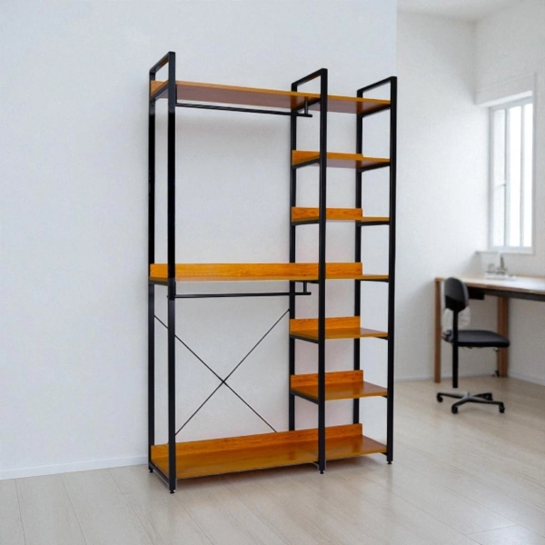 Armoire en métal 120 x 37 cm avec étagères en bois de chêne et porte-manteau double