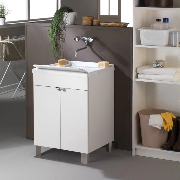 Meuble lavabo en bois blanc 60x60 cm avec 2 portes et cuve en résine
