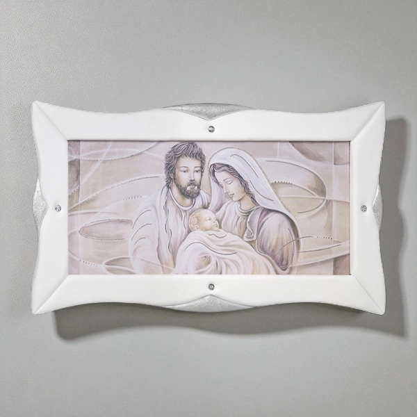 Cuadro moderno en lienzo 50x120 cm con marco de cuero blanco Sagrada Familia