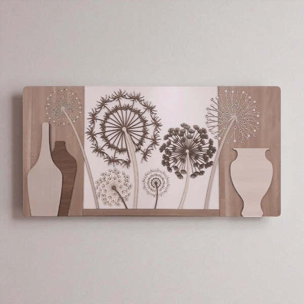 Tableau moderne 59x119 cm bois superposés figure pissenlit