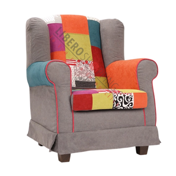 BERGERE taupe armchair in removable patchwork fabric