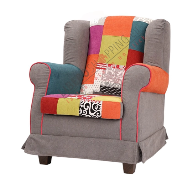 BERGERE taupe armchair in removable patchwork fabric