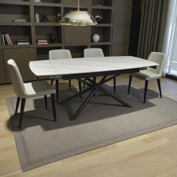 Mesa extensible 140-200x90 cm tapa mármol blanco y patas negras - VERAL