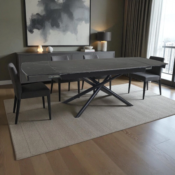 Mesa extensible 140-200x90 cm tapa de mármol y patas negras - VERAL