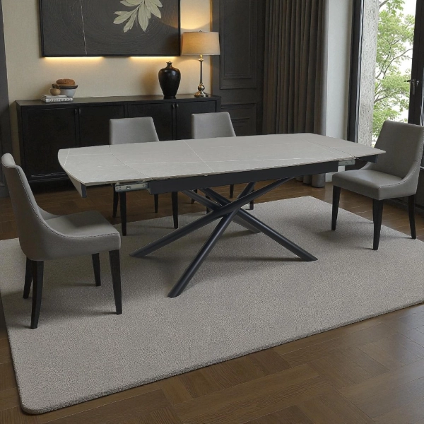 Mesa extensible 140-200x90 cm tapa mármol gris y patas negras - VERAL