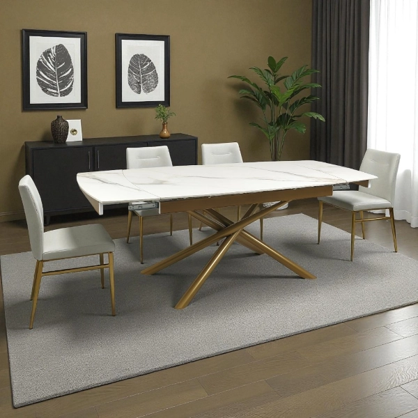 Mesa de comedor extensible Veral 160-240x90 cm mármol blanco y patas doradas