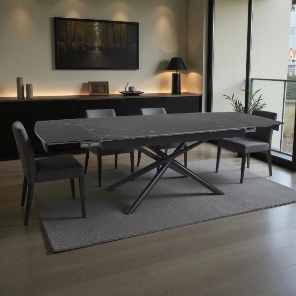 Mesa moderna extensible Veral 160-240x90 cm tapa de mármol y estructura negra