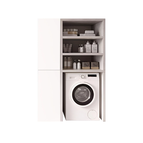 Meuble Machine à Laver en Bois 119x182h cm avec Colonne et Étagères – Blanc/Gris