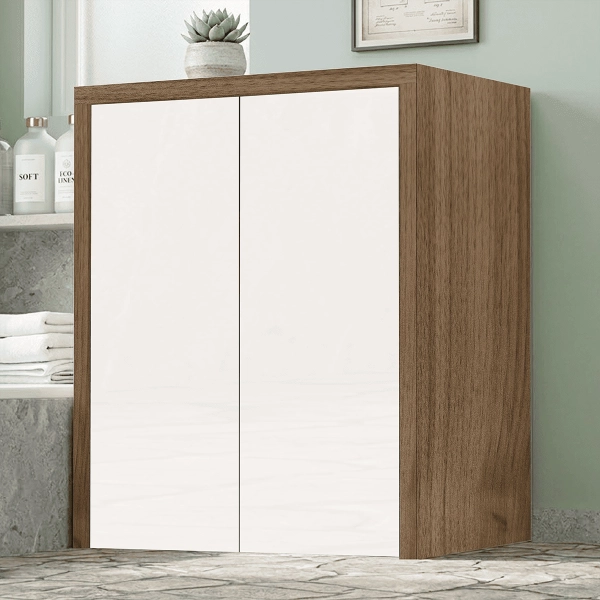 Meuble Machine à Laver en Bois à 2 Portes 79x91h cm – Blanc/Noyer