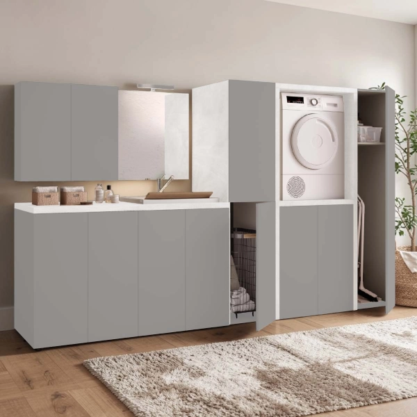 Meuble Buanderie Multi-Usage en Bois à 2 Portes 71x91h cm – Gris/Gris