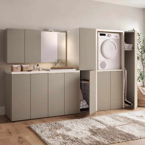 Armoire Polyvalente à 2 Portes 40x182h cm avec Panier à Linge – Gris Tourterelle/Pierre