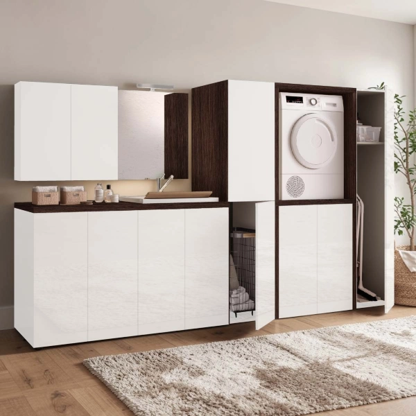 Meuble Machine à Laver en Bois à 2 Portes 79x91h cm – Blanc/Café