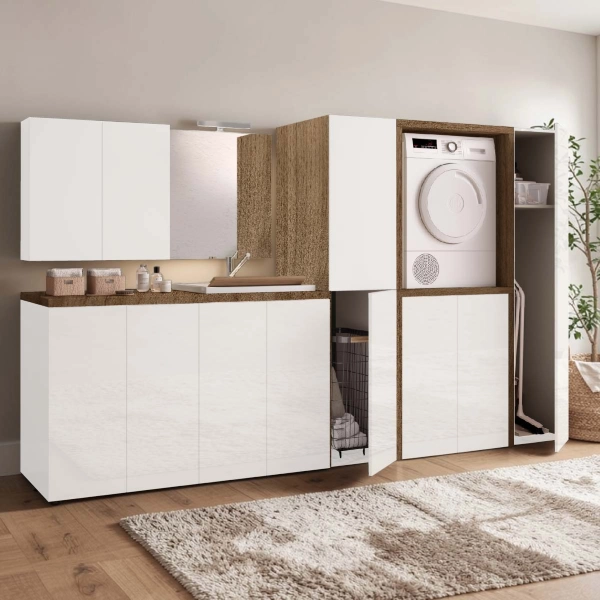 Meuble Buanderie Moderne en Bois à 2 Portes 71x91h cm – Blanc/Noyer