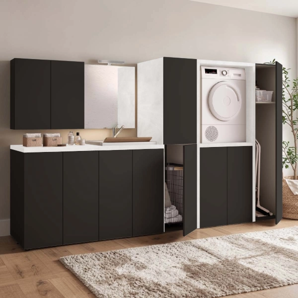 Meuble Buanderie Multi-Usage en Bois à 2 Portes 71x91h cm – Graphite/Gris