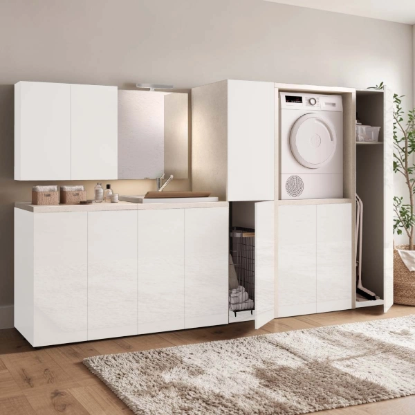 Meuble Buanderie Gain de Place en Bois à 2 Portes 71x91h cm – Blanc/Pierre