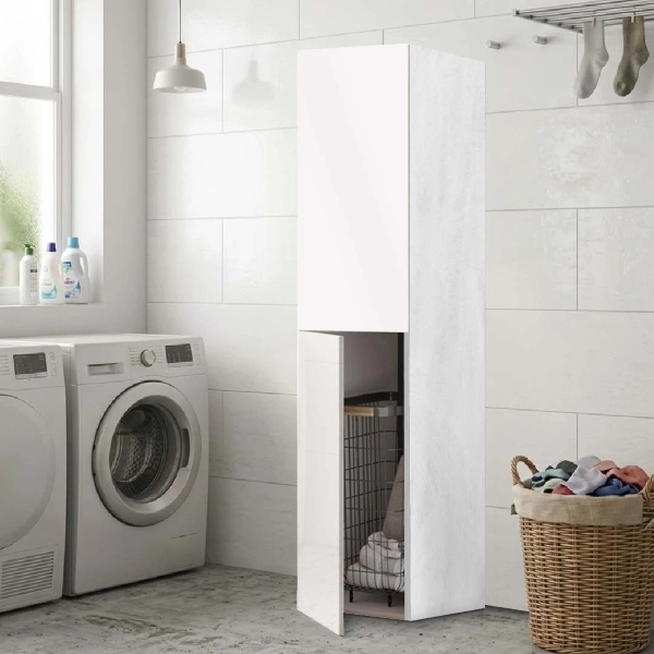 Colonne Armoire Polyvalente à 2 Portes 40x182h cm avec Panier à Linge – Blanc/Gris