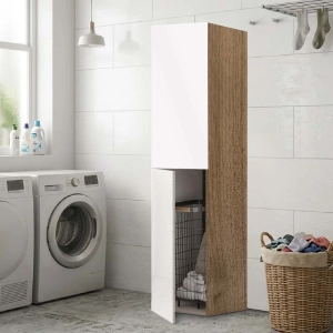 Colonna multiuso a 2 ante Bianco e struttura Noce con carrello portabiancheria