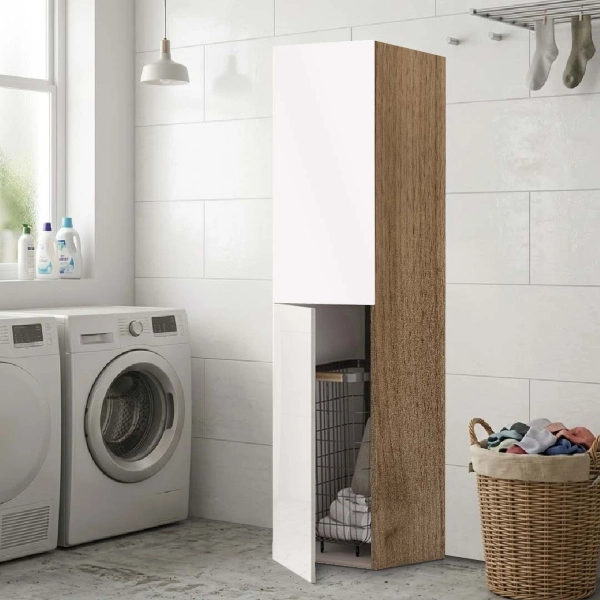 Colonne Armoire Polyvalente à 2 Portes 40x182h cm avec Panier à Linge – Blanc/Noyer